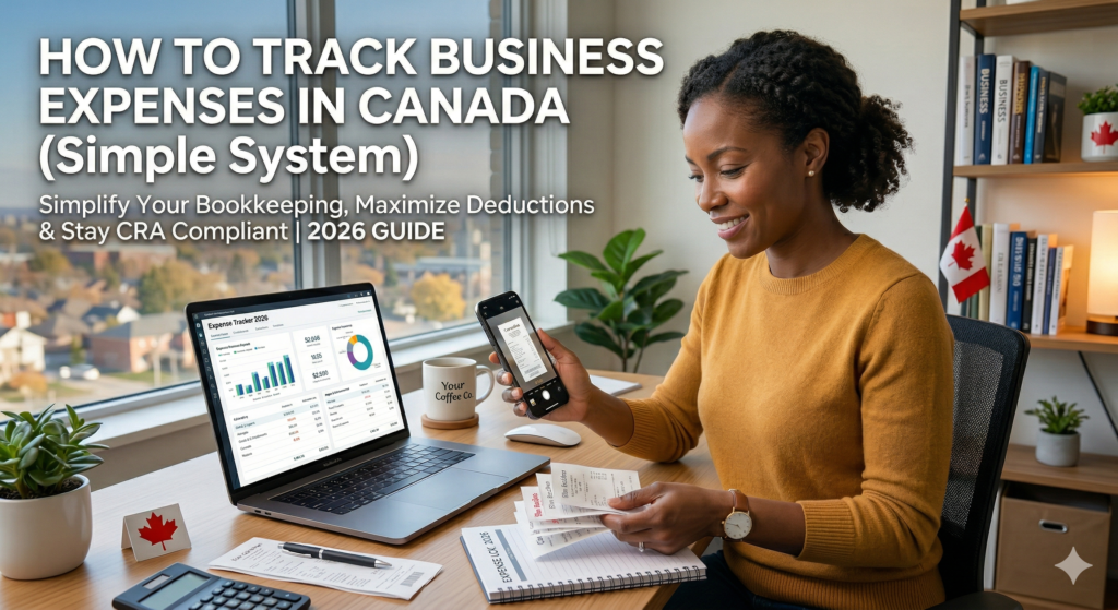 A feature image for the guide 'How to Track Business Expenses in Canada,' showing a woman scanning receipts in a Canadian home office